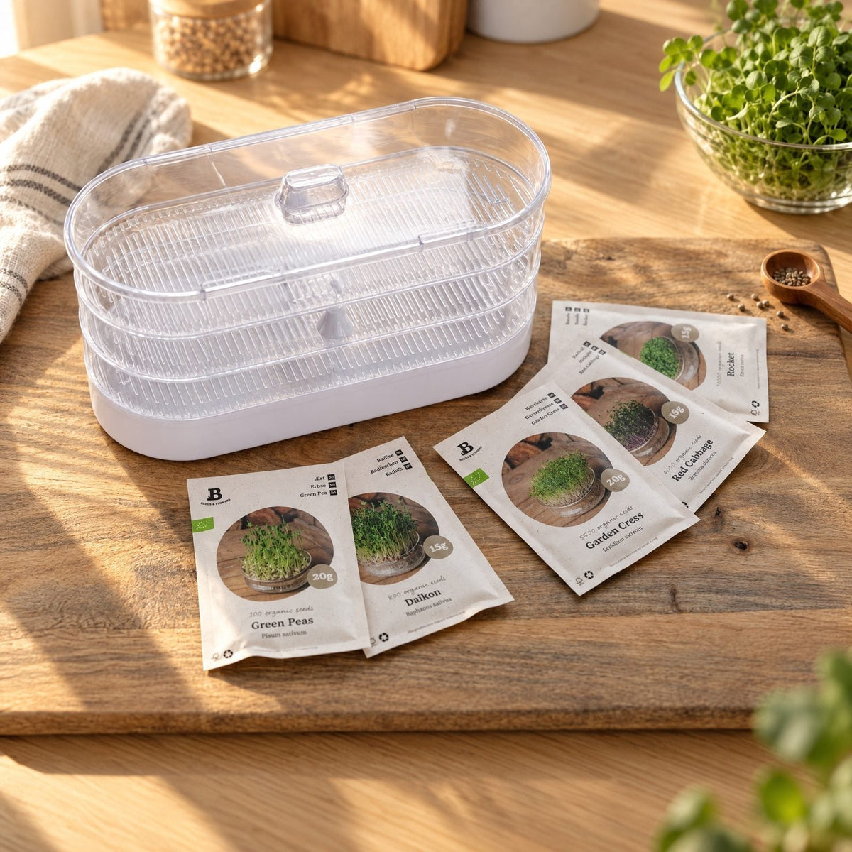 Coffret micropousses avec tour de germination - 5 sachets de graines biologiques